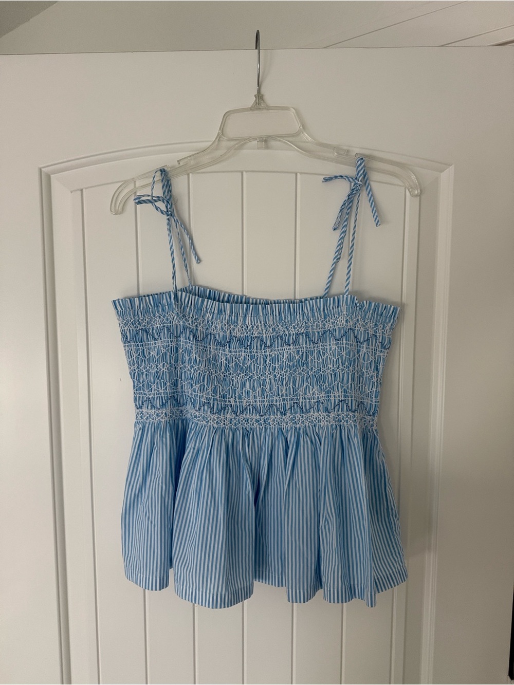 J. Crew Light Blue Striped Smocked Peplum Tank